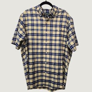 Orvis Men's Plaid Button Down Shirt Large Blue Cream Short Sleeve Classic Fit